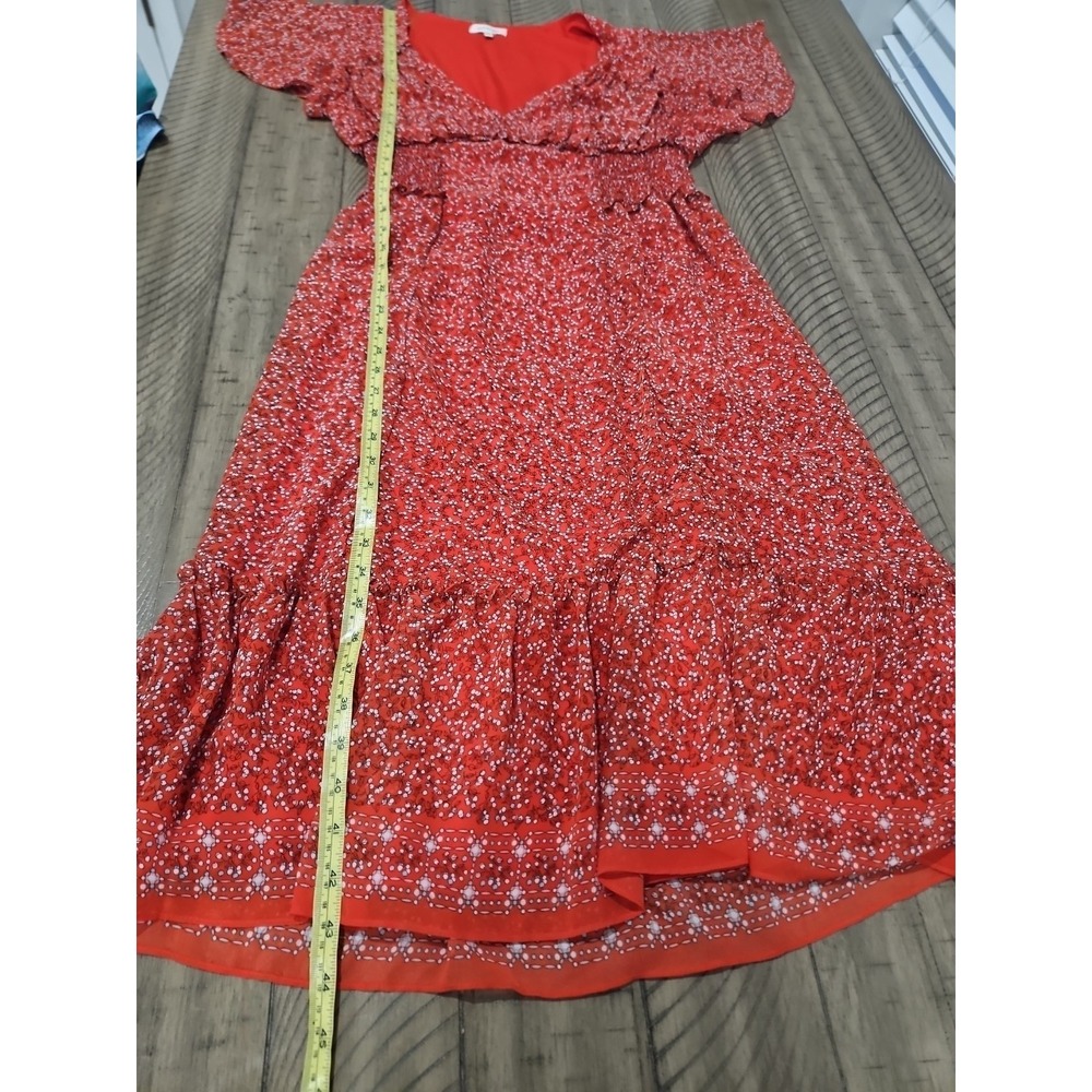 Max Studio Dress M Red Floral Smocked Tiered Boho Prairie Midi CottageCore Fairy - Picture 14 of 15
